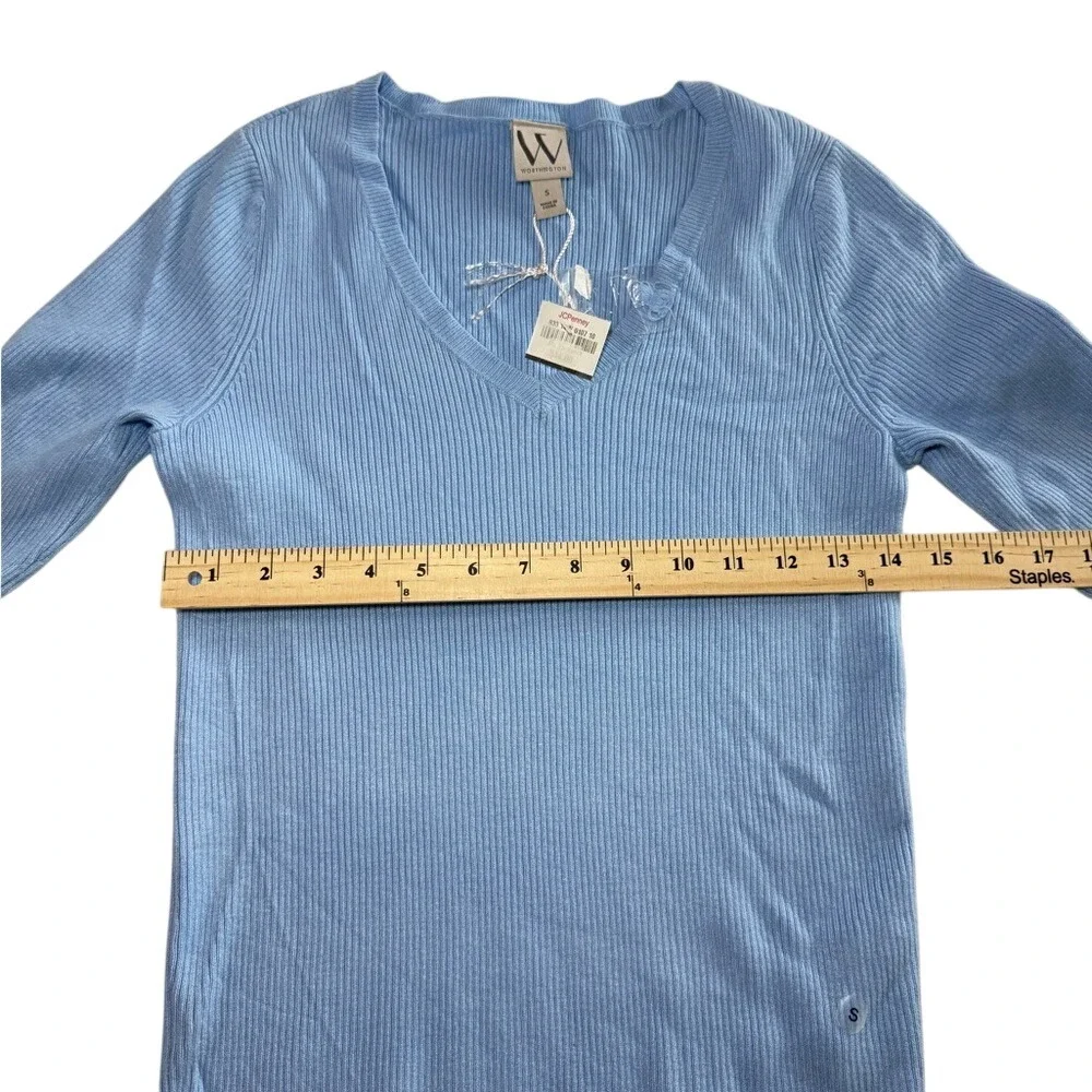 Worthington Light Blue Ribbed V-Neck Short Sleeve‎ Sweater Top Small NWT